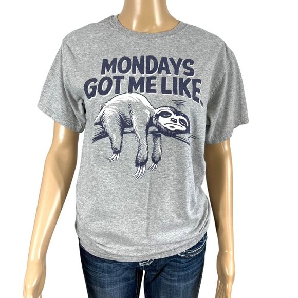 Graphic Print Unisex T Shirt Top Mondays Got Me Like Sloth Gray Blue Small - Picture 3 of 8